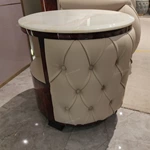Round Marble-Top SideTable with Diamond-Tufted Leather Body, Open Shelf and Single Drawer